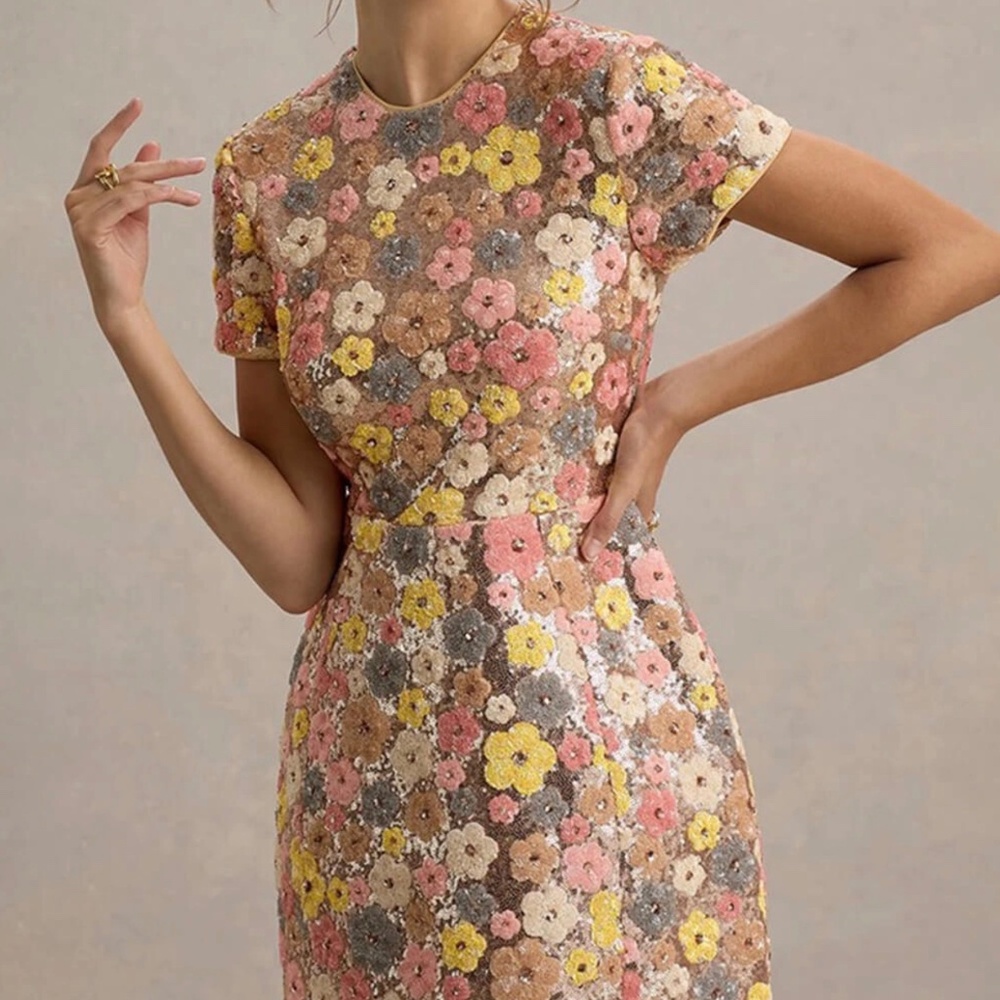 Retro 80's Inspired Floral Print Sequin Short Sleeve Stretch Mini Dress